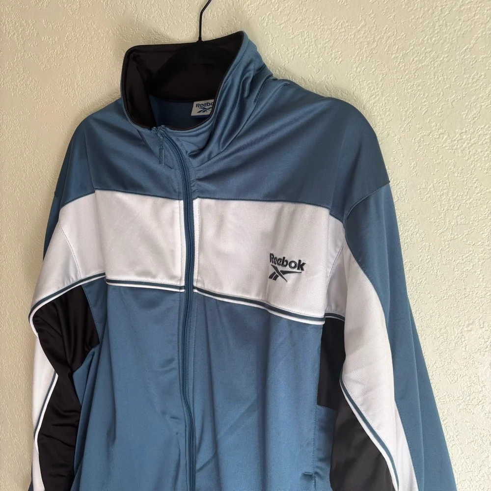 Vintage Reebok Jacket Mens Large White Blue Black Full Zip Pockets Track 90s